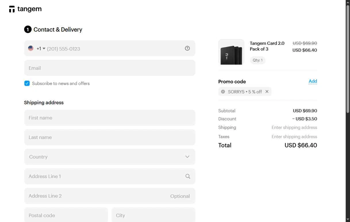 Tangem checkout page showing Tangem promo code box | Screenshot taken by SimplyCodes community member on Feb 10, 2026