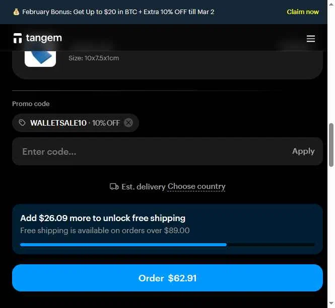Tangem checkout page showing Tangem promo code box | Screenshot taken by SimplyCodes community member on Feb 10, 2026