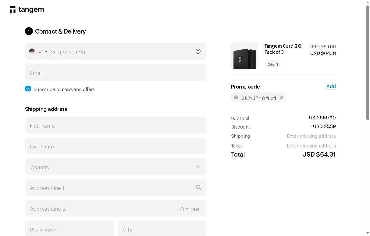 Tangem checkout page showing Tangem promo code box | Screenshot taken by SimplyCodes community member on Feb 10, 2026