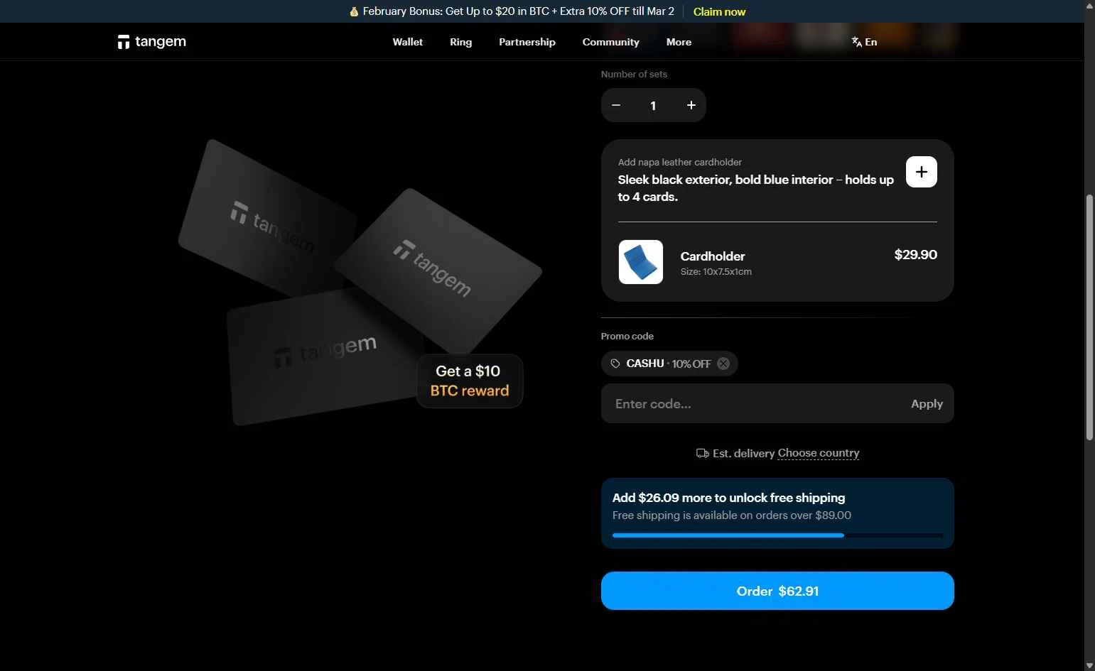 Tangem checkout page showing Tangem promo code box | Screenshot taken by SimplyCodes community member on Feb 10, 2026