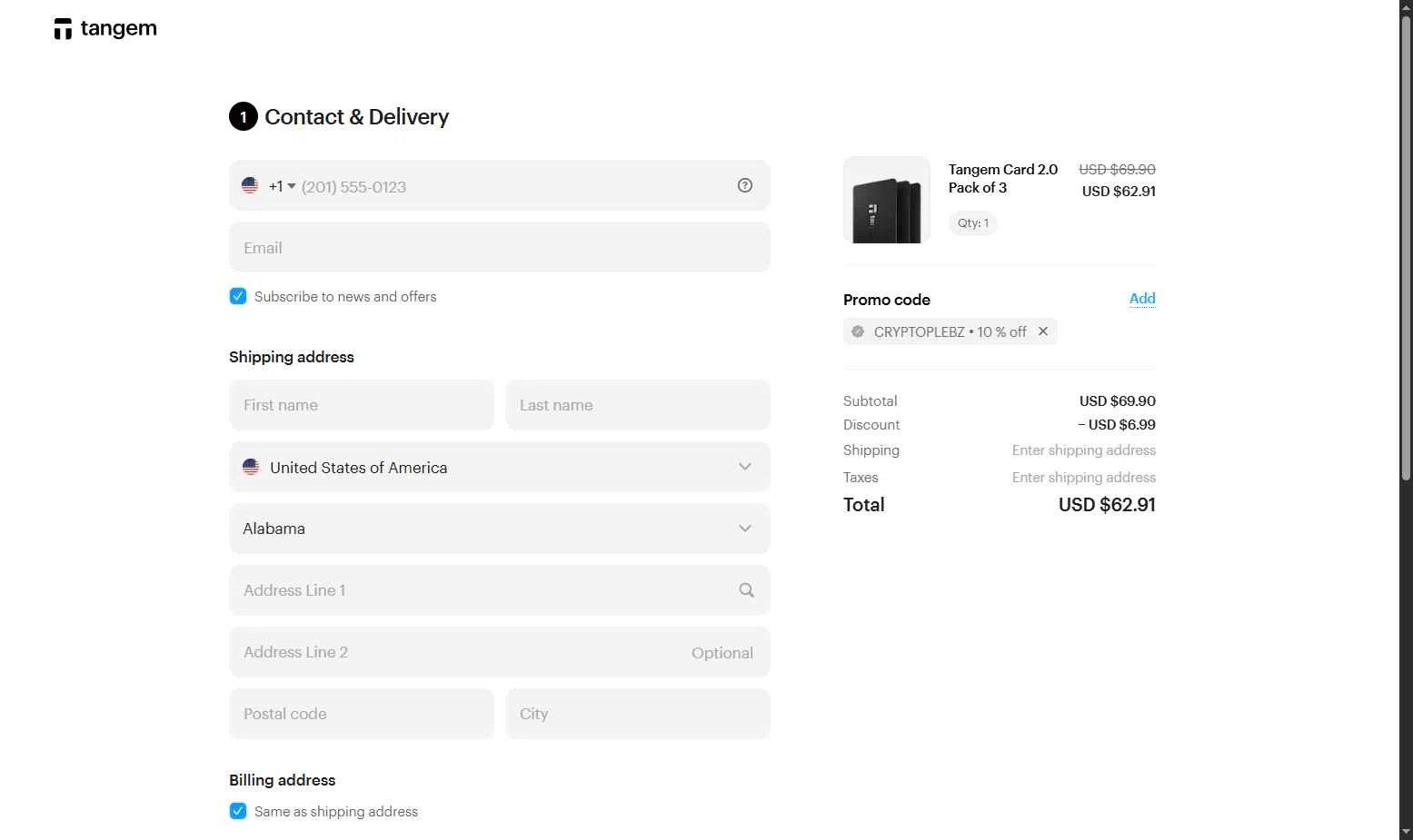Tangem checkout page showing Tangem promo code box | Screenshot taken by SimplyCodes community member on Feb 10, 2026