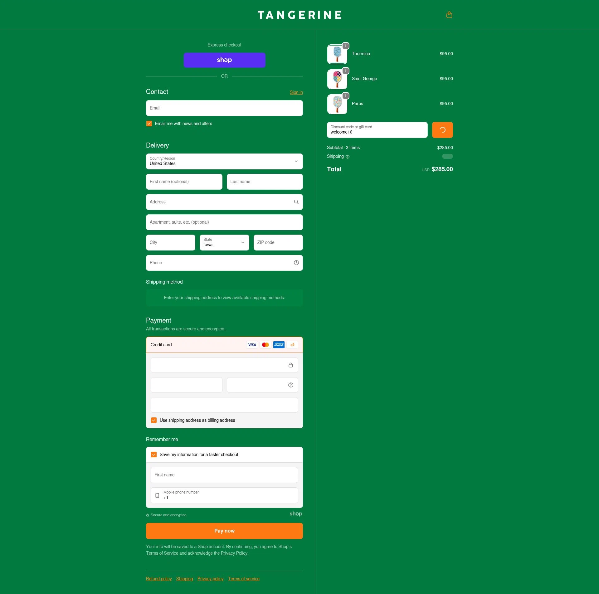 Tangerine Paddle checkout page showing Tangerine Paddle discount code box | Screenshot taken by SimplyCodes community member on Dec 15, 2025