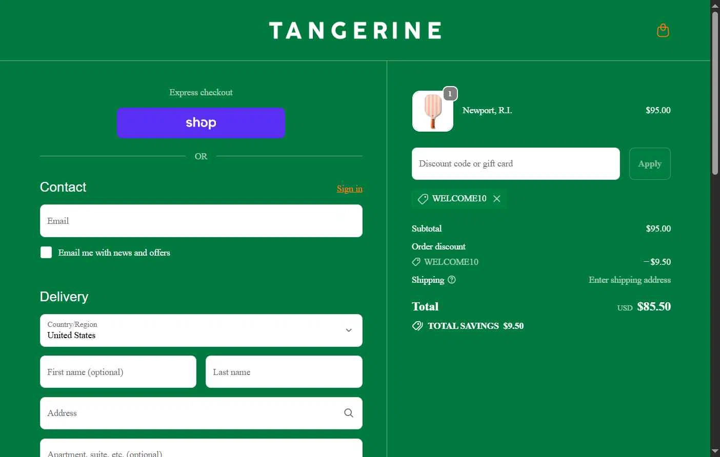 Tangerine Paddle checkout page showing Tangerine Paddle discount code box | Screenshot taken by SimplyCodes community member on Dec 4, 2025