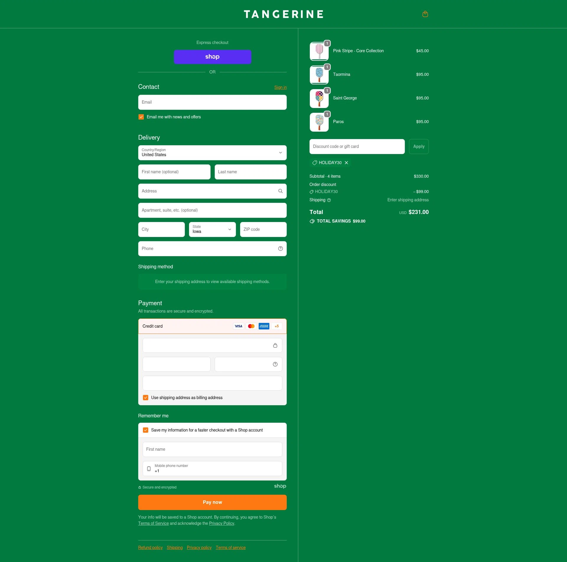 Tangerine Paddle checkout page showing Tangerine Paddle discount code box | Screenshot taken by SimplyCodes community member on Dec 10, 2025