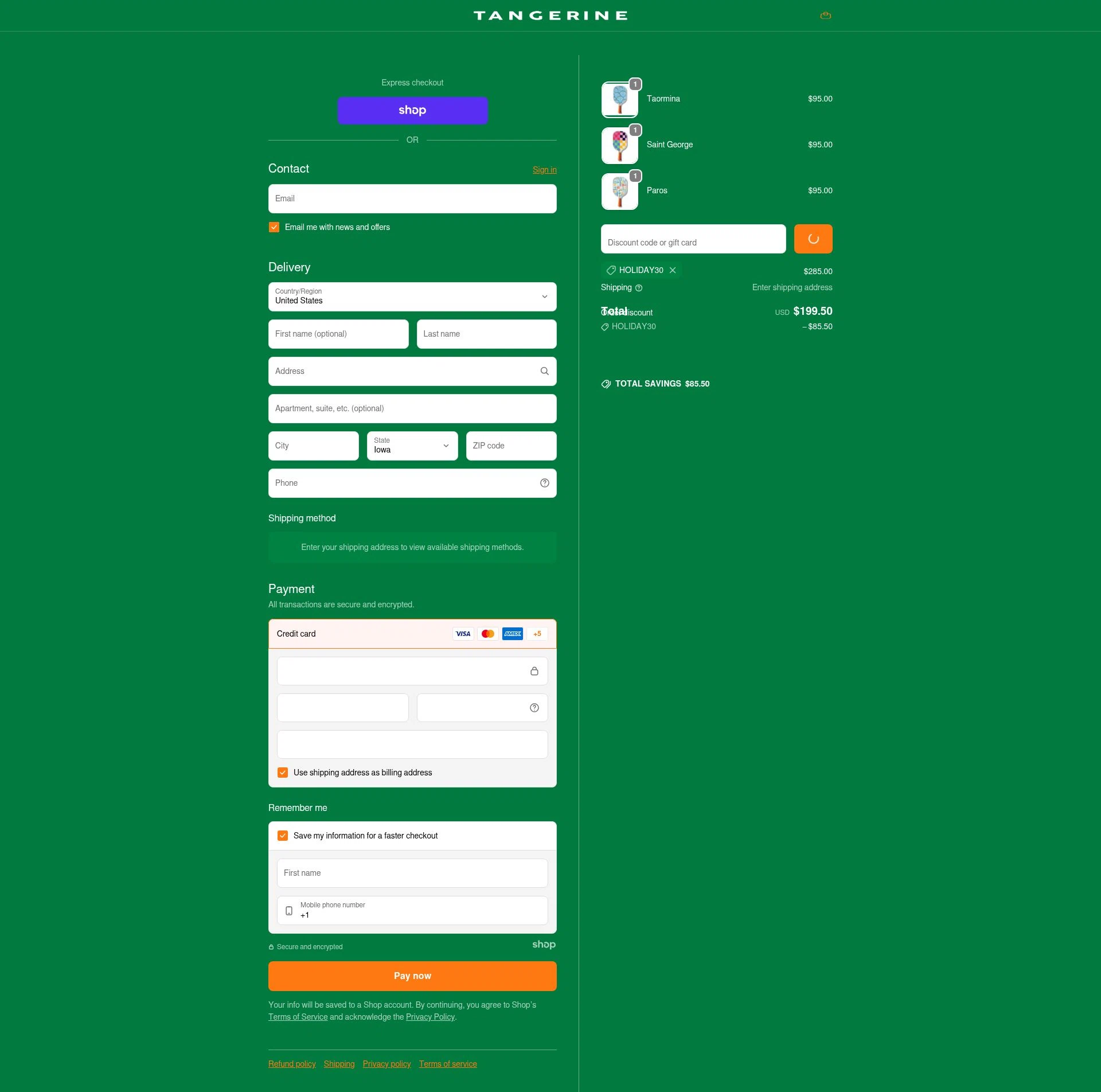 Tangerine Paddle checkout page showing Tangerine Paddle discount code box | Screenshot taken by SimplyCodes community member on Dec 15, 2025