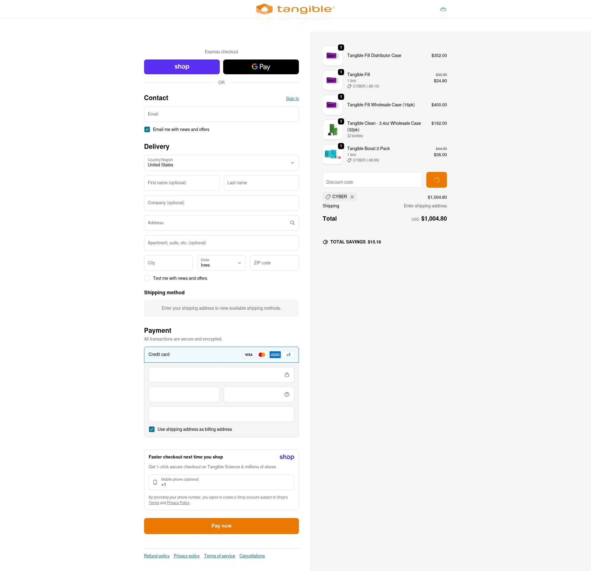 Tangible Science checkout page showing Tangible Science coupon code box | Screenshot taken by SimplyCodes community member on Jan 16, 2026