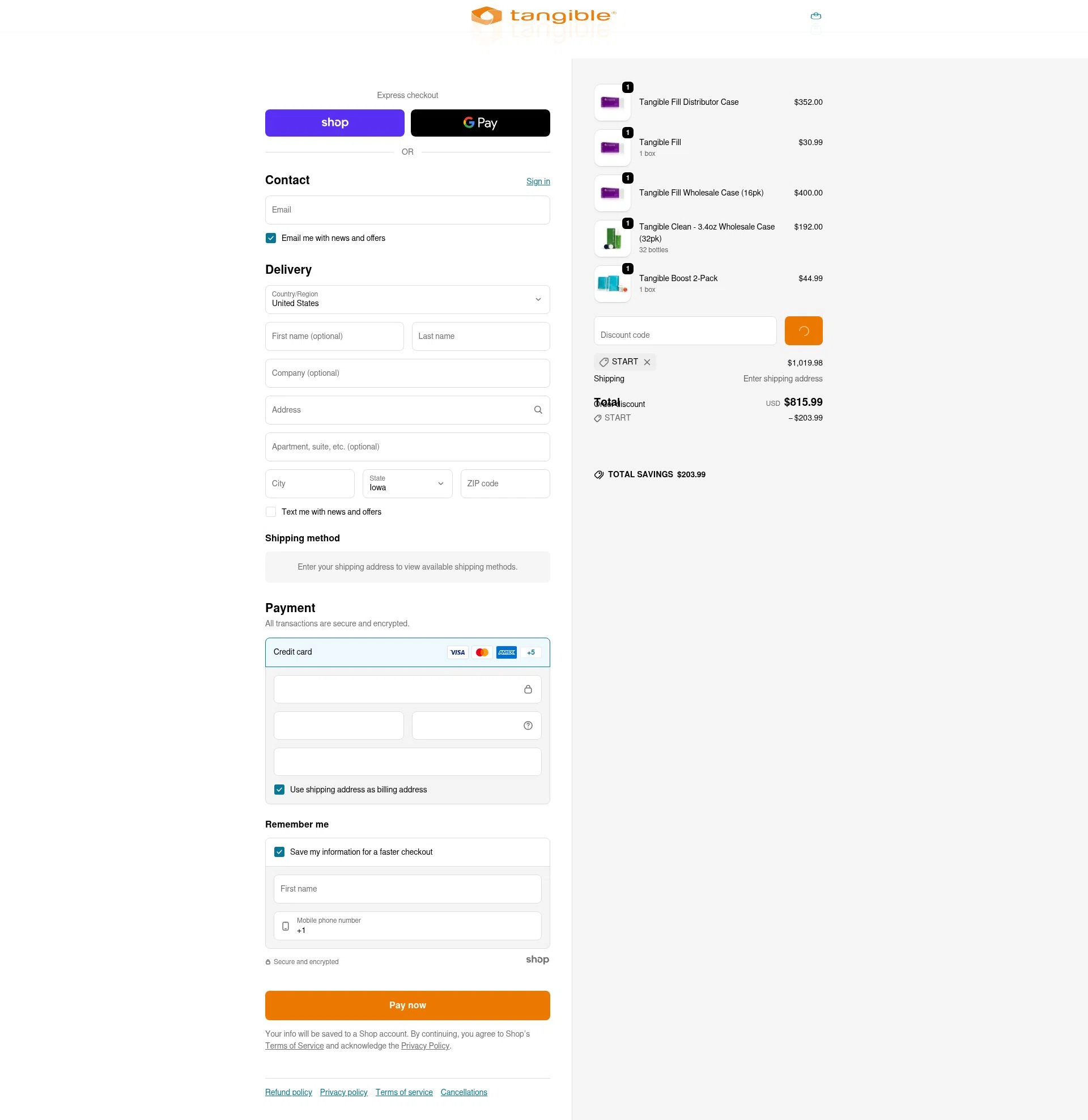 Tangible Science checkout page showing Tangible Science coupon code box | Screenshot taken by SimplyCodes community member on Jan 26, 2026