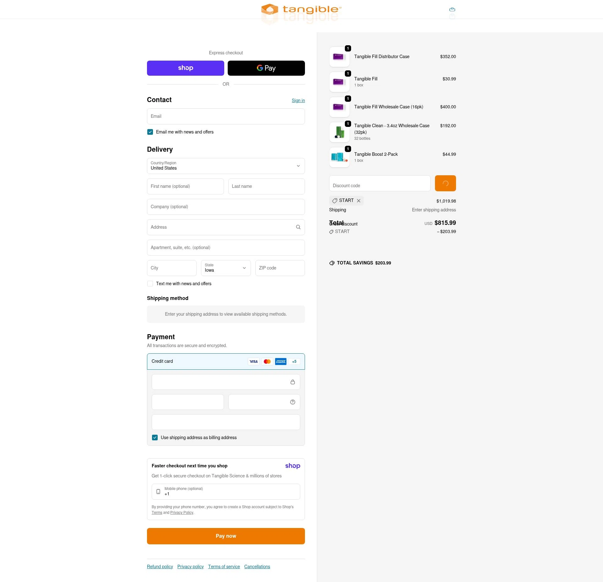 Tangible Science checkout page showing Tangible Science coupon code box | Screenshot taken by SimplyCodes community member on Jan 16, 2026