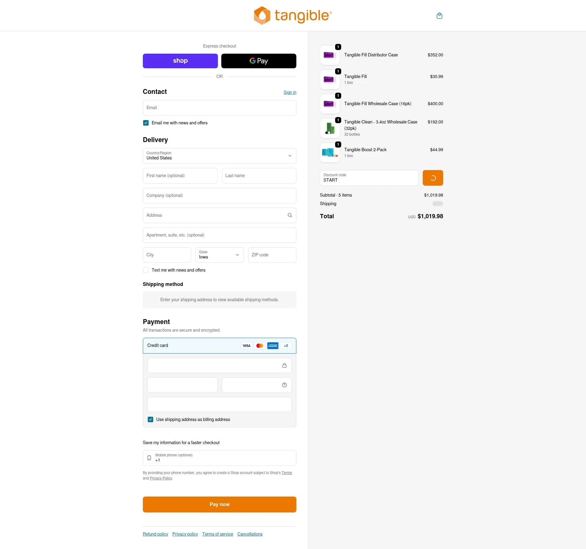 Tangible Science checkout page showing Tangible Science coupon code box | Screenshot taken by SimplyCodes community member on Feb 4, 2026