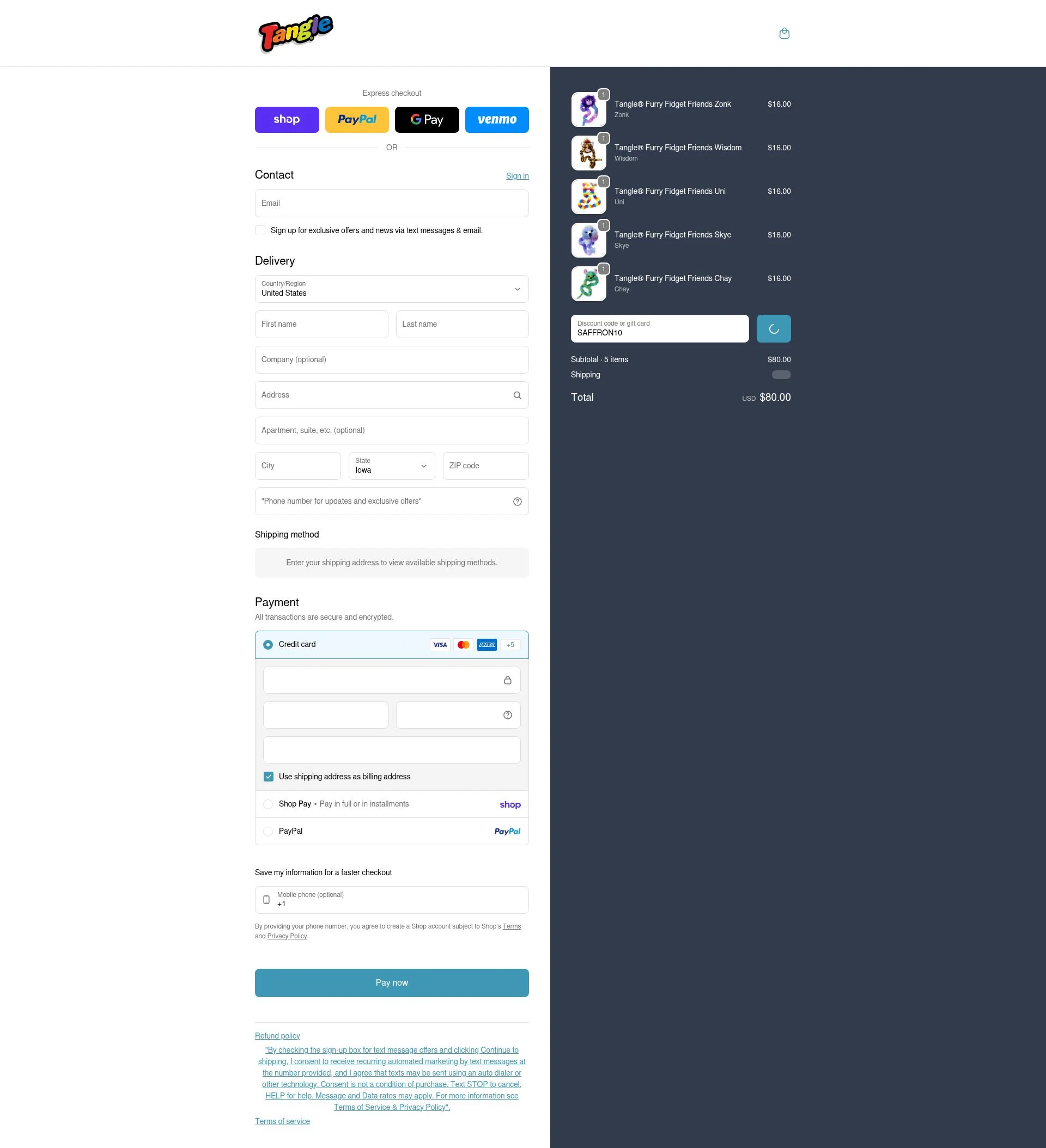 Tangle Creations checkout page showing Tangle Creations discount code box | Screenshot taken by SimplyCodes community member on Feb 5, 2026