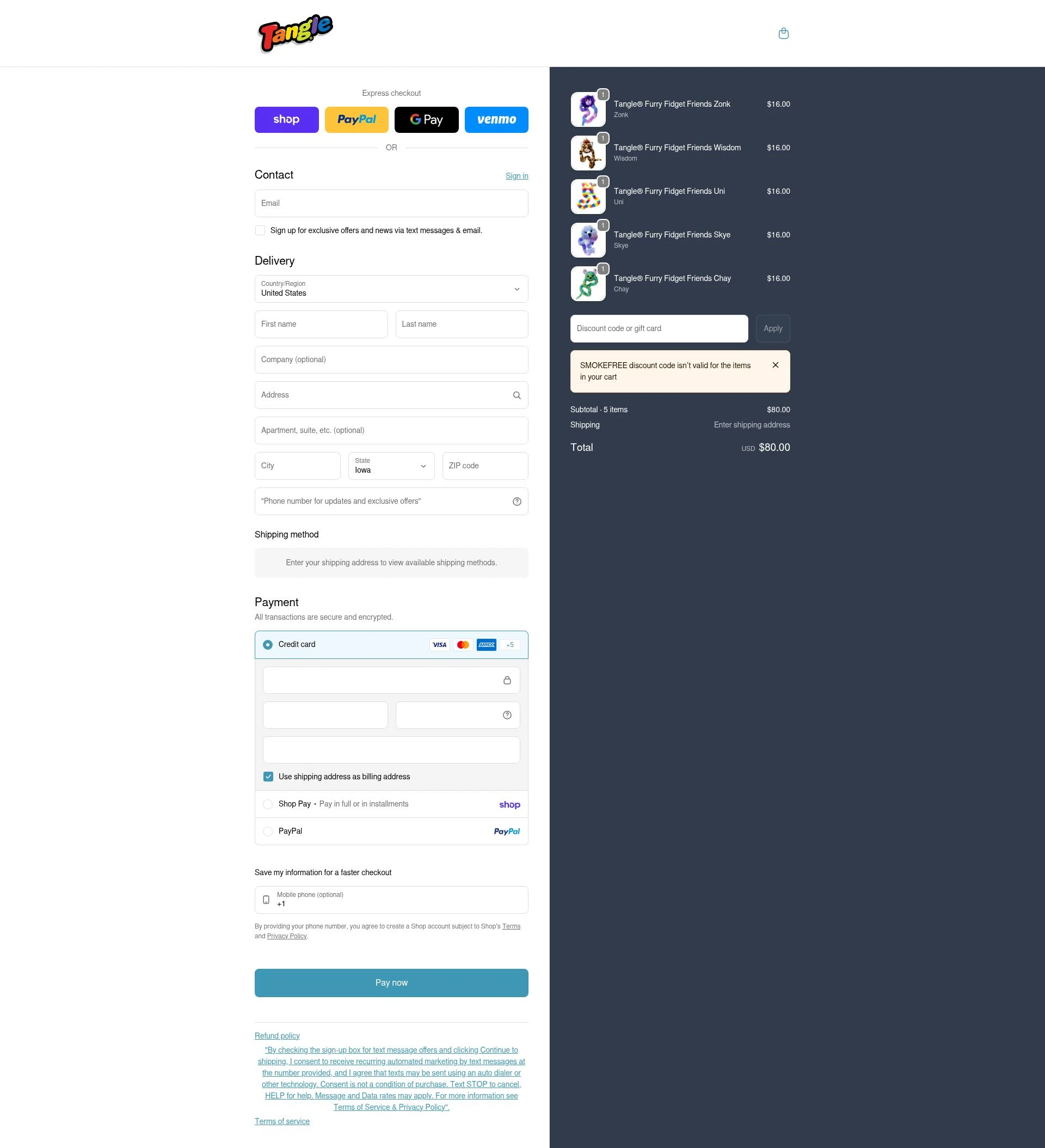 Tangle Creations checkout page showing Tangle Creations discount code box | Screenshot taken by SimplyCodes community member on Feb 5, 2026