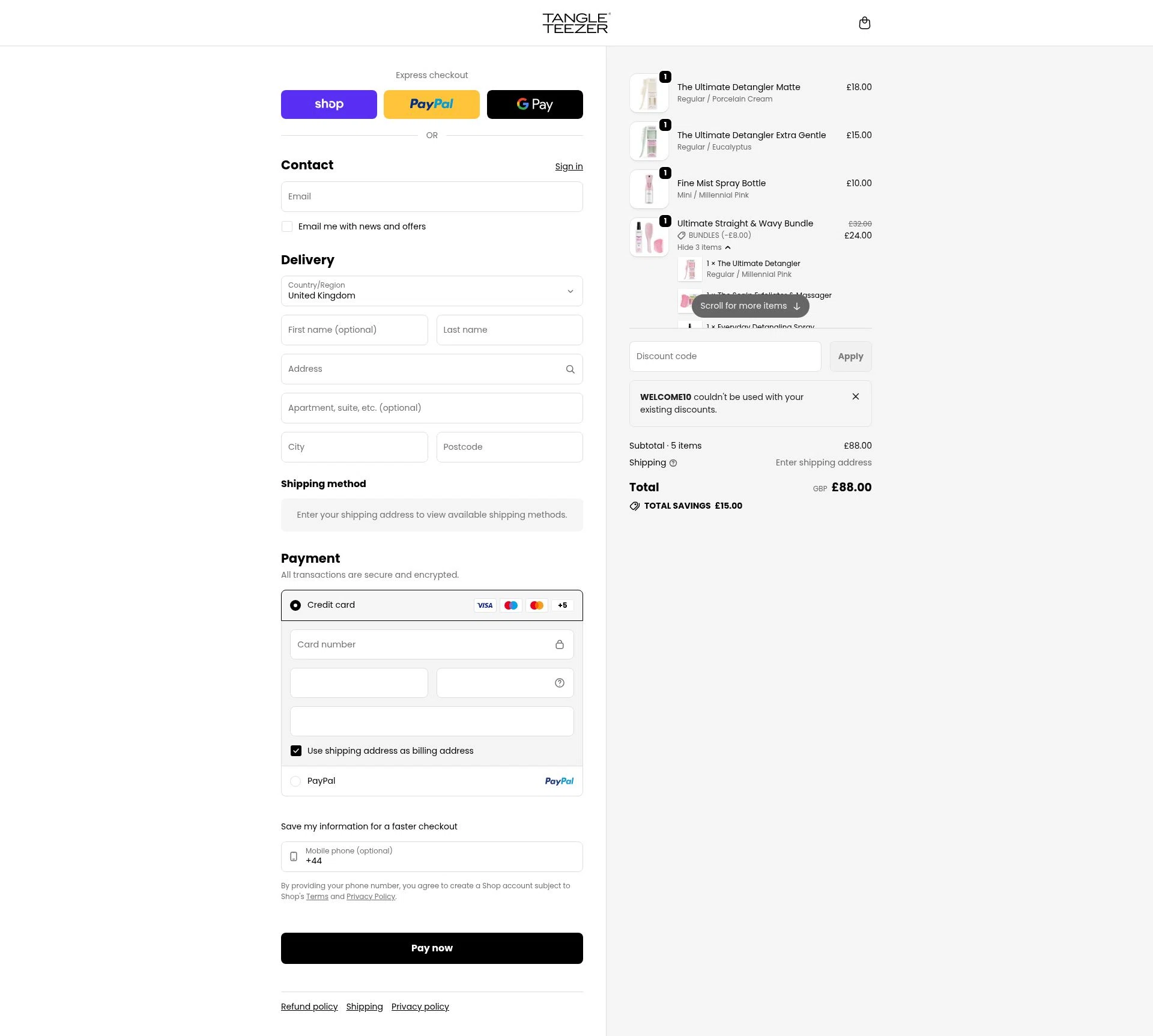 Tangle Teezer checkout page showing Tangle Teezer discount code box | Screenshot taken by SimplyCodes community member on Feb 12, 2026