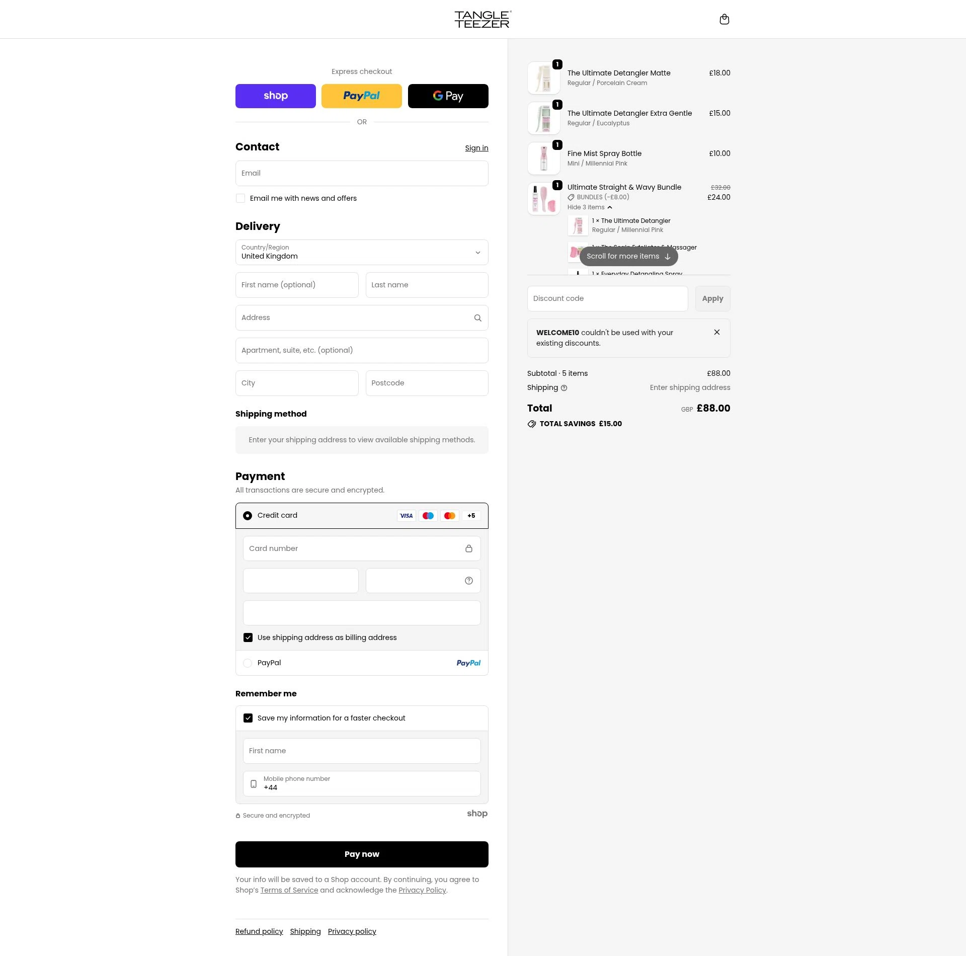 Tangle Teezer checkout page showing Tangle Teezer discount code box | Screenshot taken by SimplyCodes community member on Jan 29, 2026