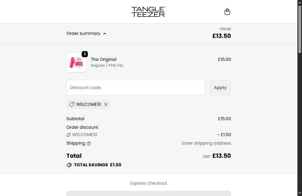 Tangle Teezer checkout page showing Tangle Teezer discount code box | Screenshot taken by SimplyCodes community member on Feb 17, 2026