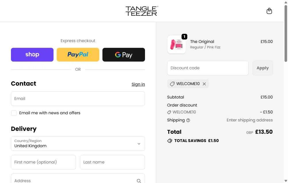 Tangle Teezer checkout page showing Tangle Teezer discount code box | Screenshot taken by SimplyCodes community member on Jan 25, 2026