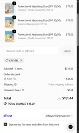 KRYSTEL coupon verification screenshot