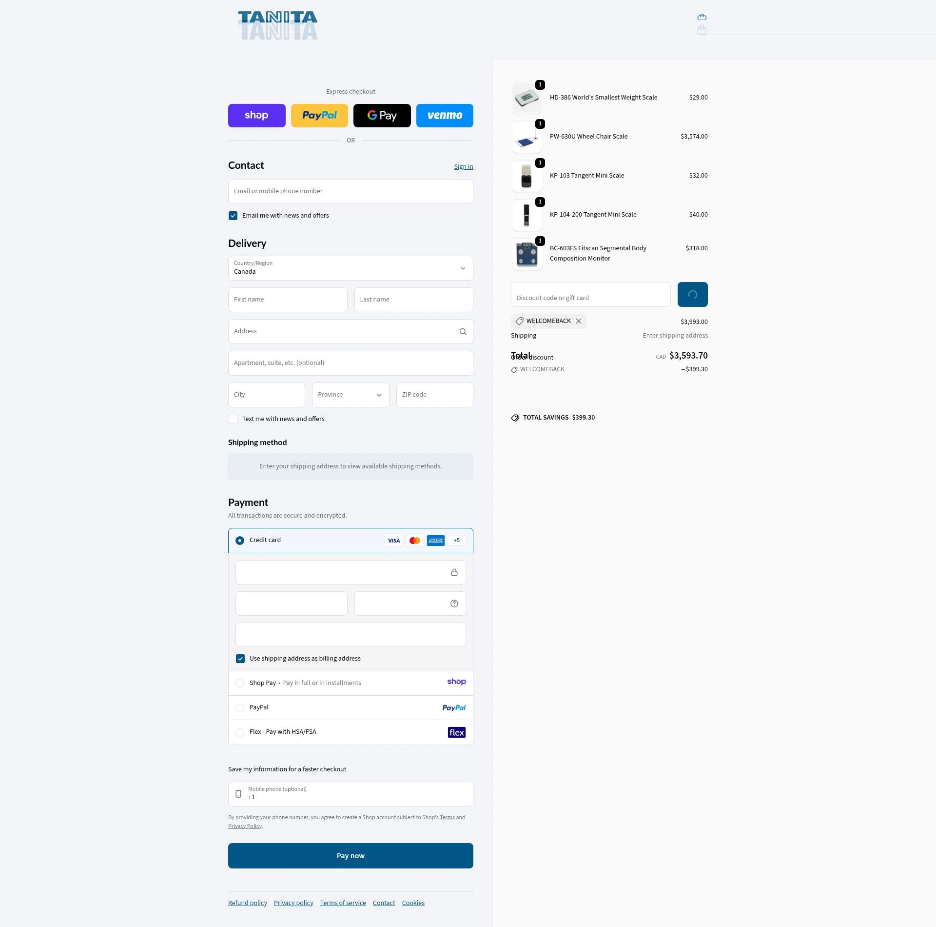 Tanita checkout page showing Tanita promo code box | Screenshot taken by SimplyCodes community member on Jan 17, 2026