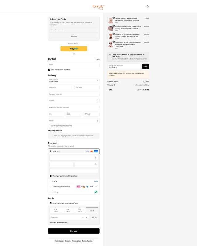 Tantaly checkout page showing Tantaly coupon code box | Screenshot taken by SimplyCodes community member on Sep 2, 2025