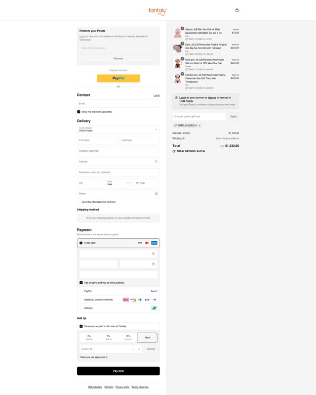 Tantaly checkout page showing Tantaly coupon code box | Screenshot taken by SimplyCodes community member on Sep 2, 2025
