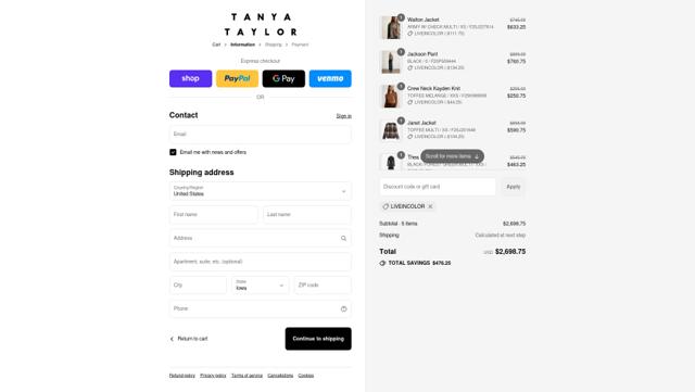 Tanya Taylor checkout page showing Tanya Taylor promo code box | Screenshot taken by SimplyCodes community member on Sep 11, 2025