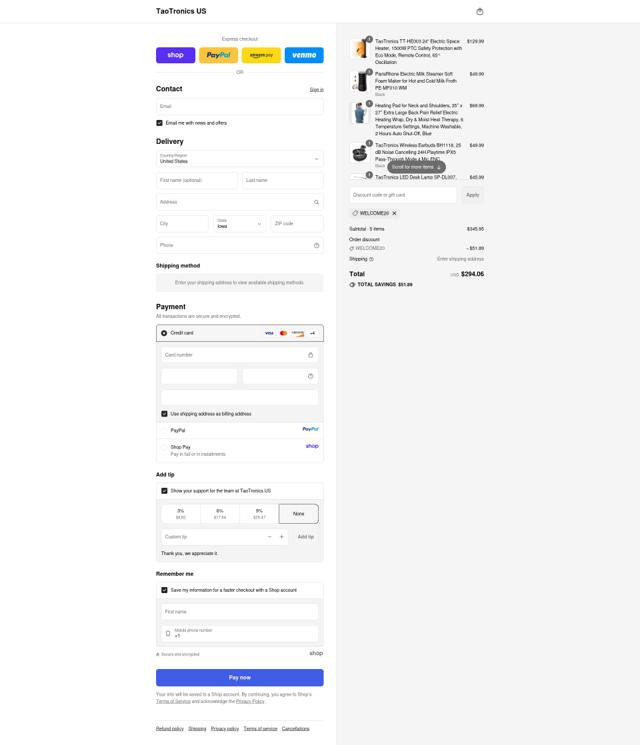 TaoTronics checkout page showing TaoTronics promo code box | Screenshot taken by SimplyCodes community member on Sep 16, 2025