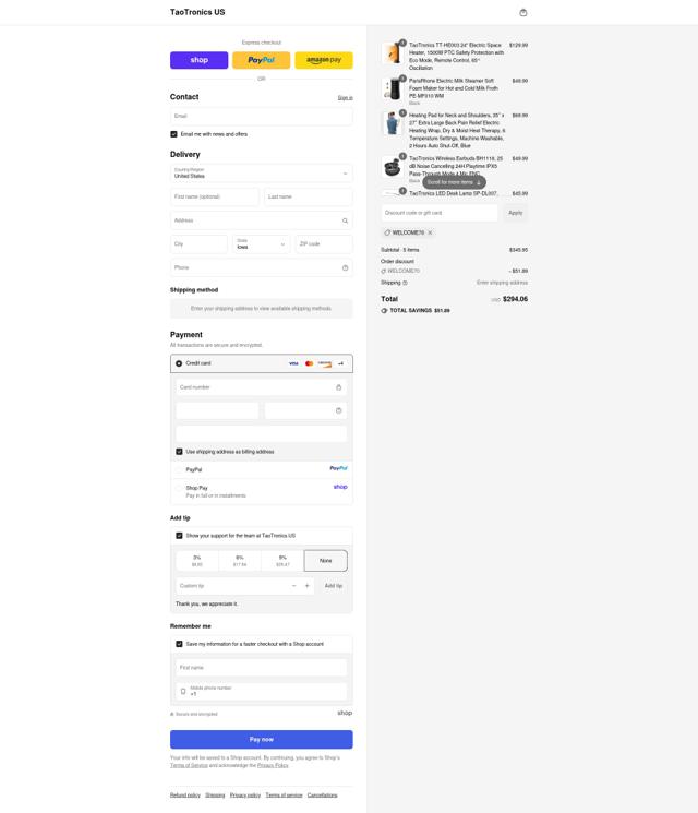 TaoTronics checkout page showing TaoTronics promo code box | Screenshot taken by SimplyCodes community member on Sep 16, 2025