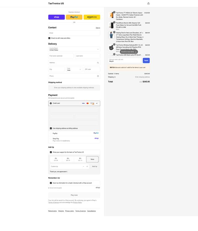 TaoTronics checkout page showing TaoTronics promo code box | Screenshot taken by SimplyCodes community member on Sep 16, 2025