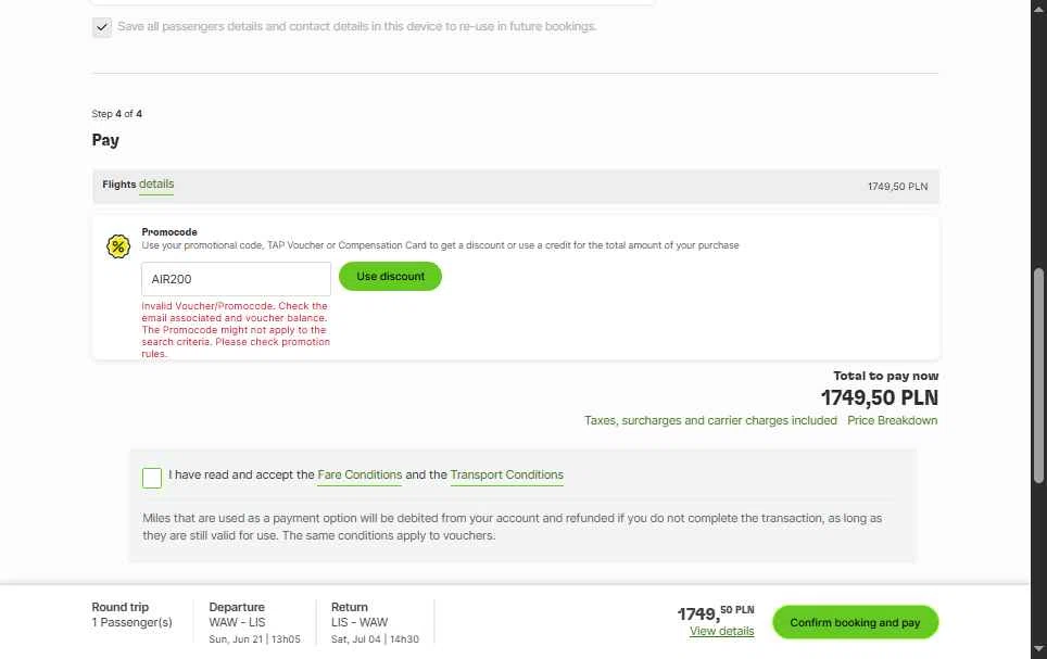 Verification screenshot for $200 Off Storewide (agrega El Codigo Abajo Y Validar Donde Dice Promo Code) at TAP Air Portugal - 2mo ago