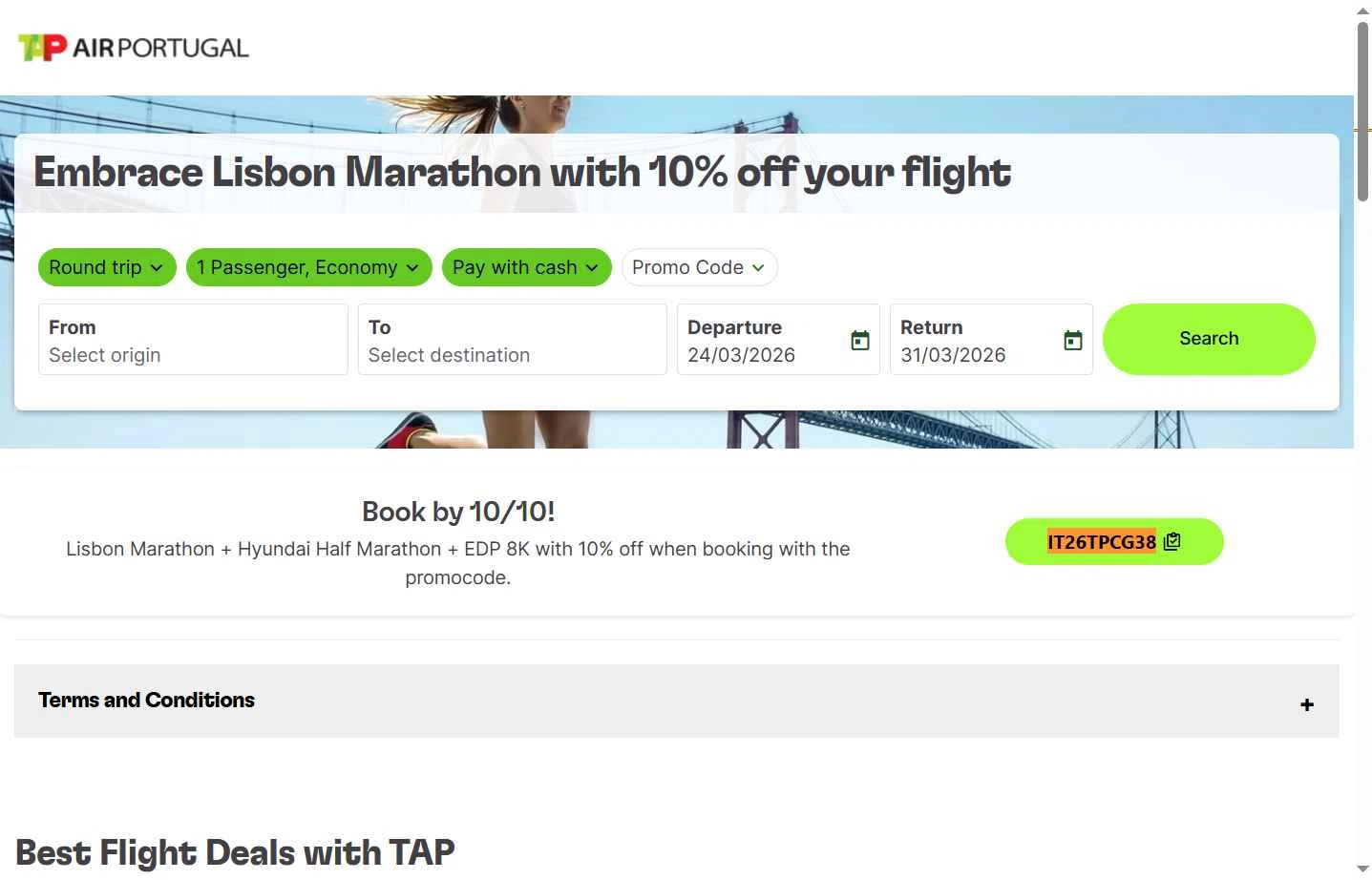 Verification screenshot for 10% Off Flight (valid for Round-trip Flights From Any Tap Destination to Lisbon and Operated Between: Edp Marathon + Hyundai Half Marathon + Edp 8k) at TAP Air Portugal - 3mo ago
