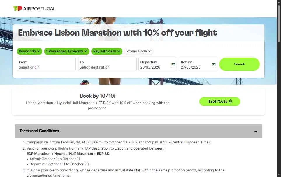 Verification screenshot for 10% Off Flight (valid for Round-trip Flights From Any Tap Destination to Lisbon and Operated Between: Edp Marathon + Hyundai Half Marathon + Edp 8k) at TAP Air Portugal - 3mo ago