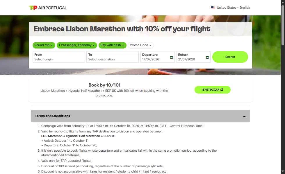 Verification screenshot for 10% Off Flight (valid for Round-trip Flights From Any Tap Destination to Lisbon) at TAP Air Portugal - 14d ago