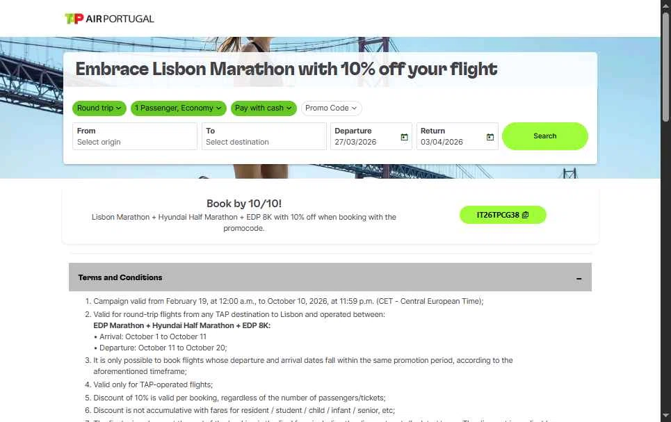 Verification screenshot for 10% Off Flight (valid for Round-trip Flights From Any Tap Destination to Lisbon and Operated Between: Edp Marathon + Hyundai Half Marathon + Edp 8k) at TAP Air Portugal - 3mo ago