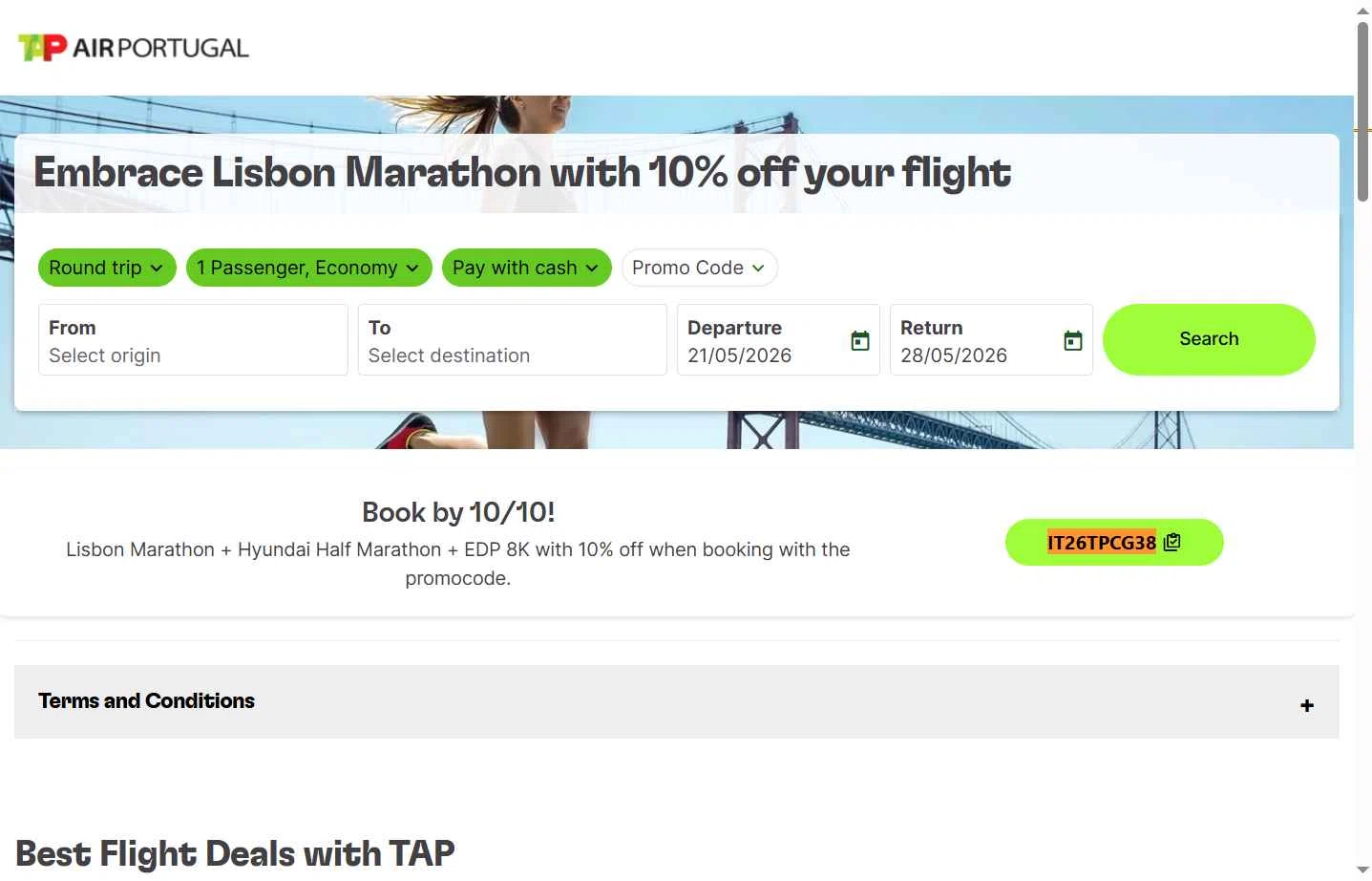 Verification screenshot for 10% Off Flight (valid for Round-trip Flights From Any Tap Destination to Lisbon and Operated Between: Edp Marathon + Hyundai Half Marathon + Edp 8k) at TAP Air Portugal - 42d ago