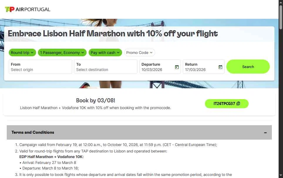 Verification screenshot for 10% Off Embrace Lisbon Half Marathon at TAP Air Portugal - 3mo ago