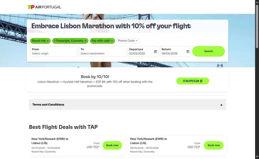 Verification screenshot for 10% Off Flight (valid for Round-trip Flights From Any Tap Destination to Lisbon and Operated Between: Edp Marathon + Hyundai Half Marathon + Edp 8k) at TAP Air Portugal - 2mo ago