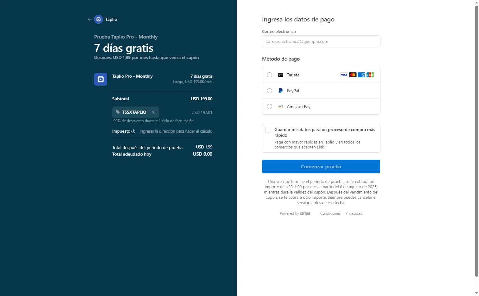 Taplio checkout page showing Taplio promo code box | Screenshot taken by SimplyCodes community member on Aug 1, 2025