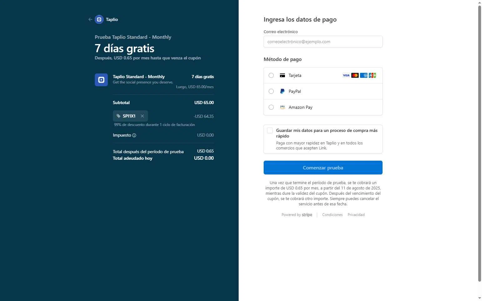 Taplio checkout page showing Taplio promo code box | Screenshot taken by SimplyCodes community member on Aug 4, 2025