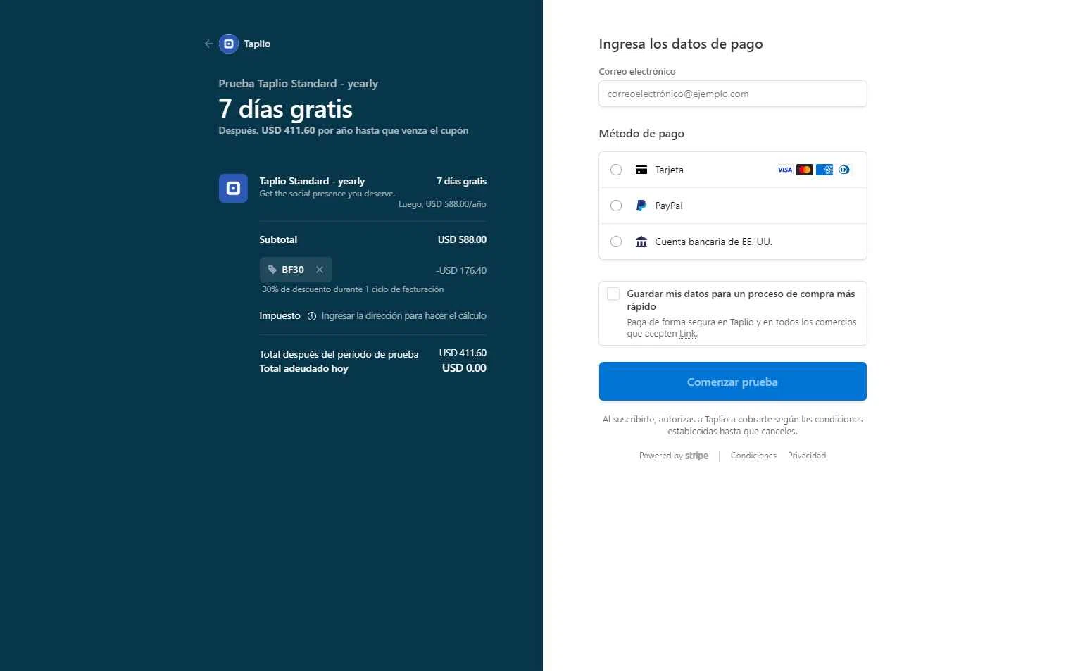 Taplio checkout page showing Taplio promo code box | Screenshot taken by SimplyCodes community member on Nov 28, 2025