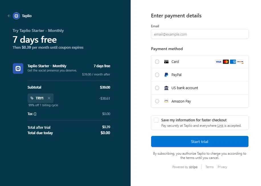 Taplio checkout page showing Taplio promo code box | Screenshot taken by SimplyCodes community member on Sep 10, 2025