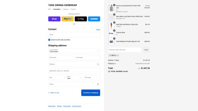 Tara Grinna checkout page showing Tara Grinna discount code box | Screenshot taken by SimplyCodes community member on Sep 8, 2025