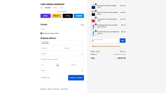Tara Grinna checkout page showing Tara Grinna discount code box | Screenshot taken by SimplyCodes community member on Sep 4, 2025