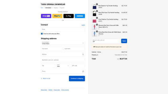 Tara Grinna checkout page showing Tara Grinna discount code box | Screenshot taken by SimplyCodes community member on Aug 27, 2025