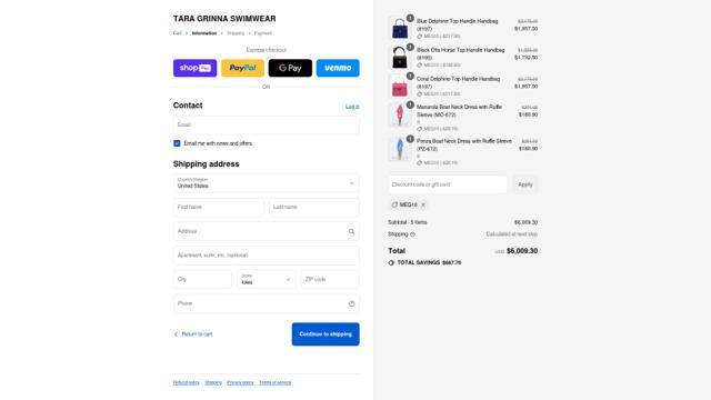 Tara Grinna checkout page showing Tara Grinna discount code box | Screenshot taken by SimplyCodes community member on Aug 27, 2025