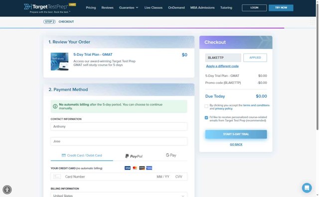 Target Test Prep checkout page showing Target Test Prep promo code box | Screenshot taken by SimplyCodes community member on Aug 7, 2025