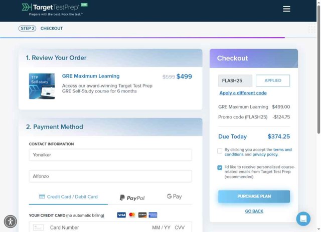Target Test Prep checkout page showing Target Test Prep promo code box | Screenshot taken by SimplyCodes community member on Aug 30, 2025