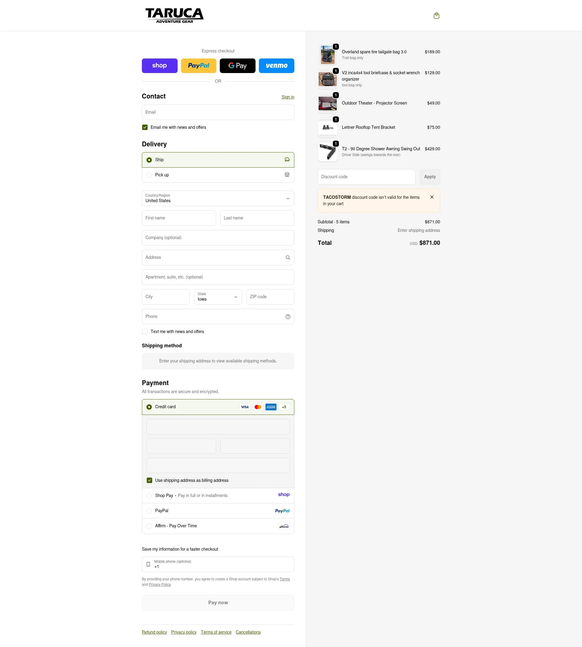 Taruca checkout page showing Taruca promo code box | Screenshot taken by SimplyCodes community member on Jan 8, 2026