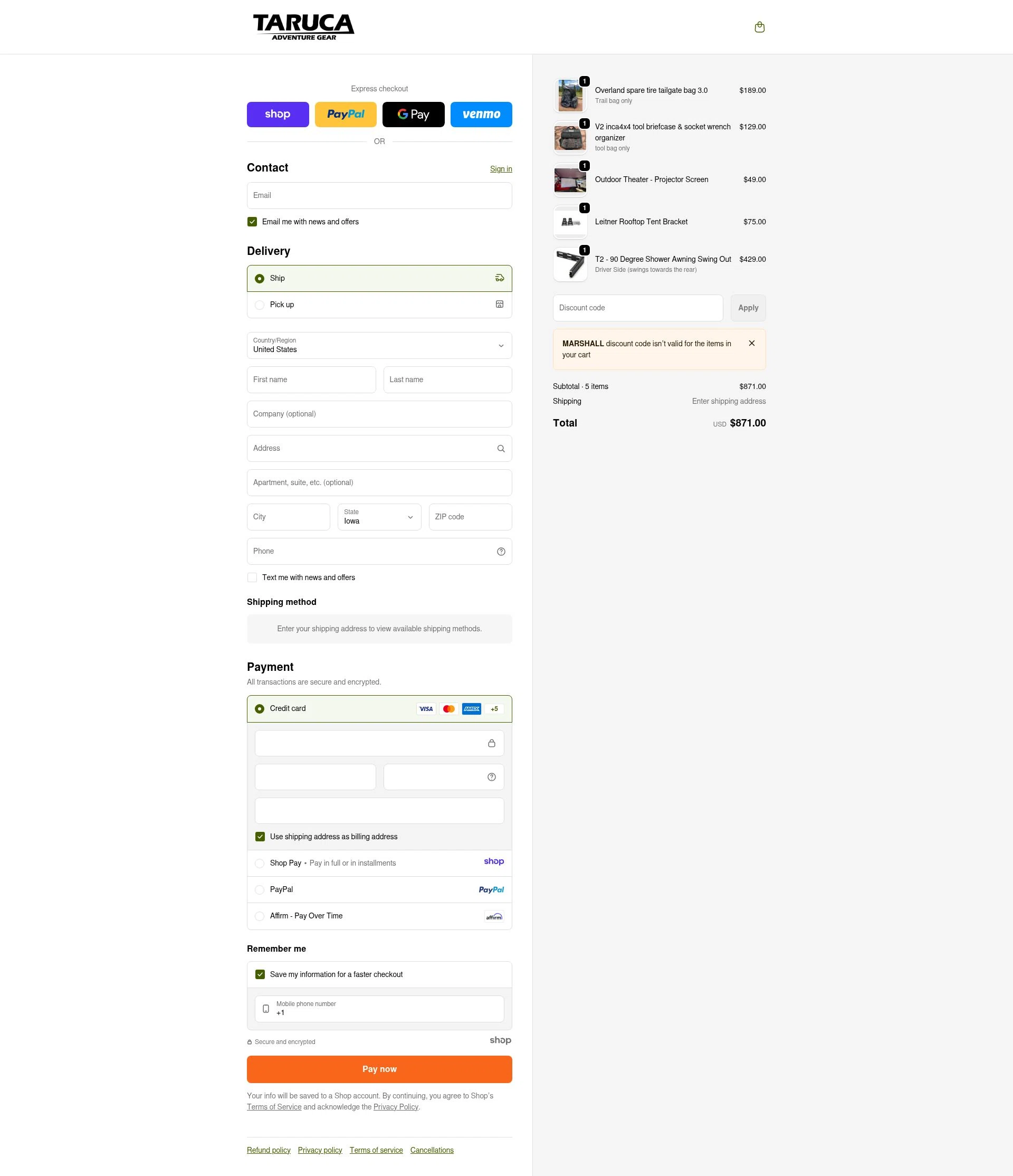 Taruca checkout page showing Taruca promo code box | Screenshot taken by SimplyCodes community member on Jan 3, 2026