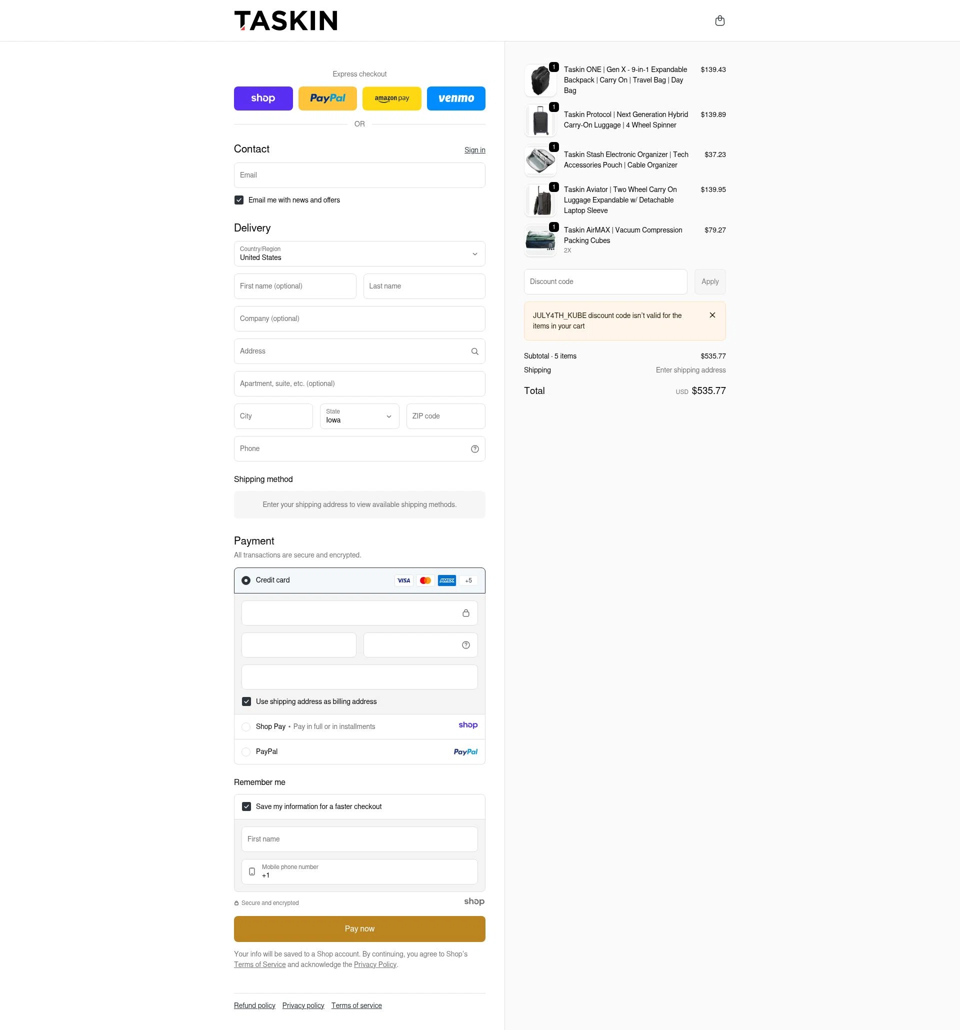 Taskin checkout page showing Taskin promo code box | Screenshot taken by SimplyCodes community member on Dec 29, 2025