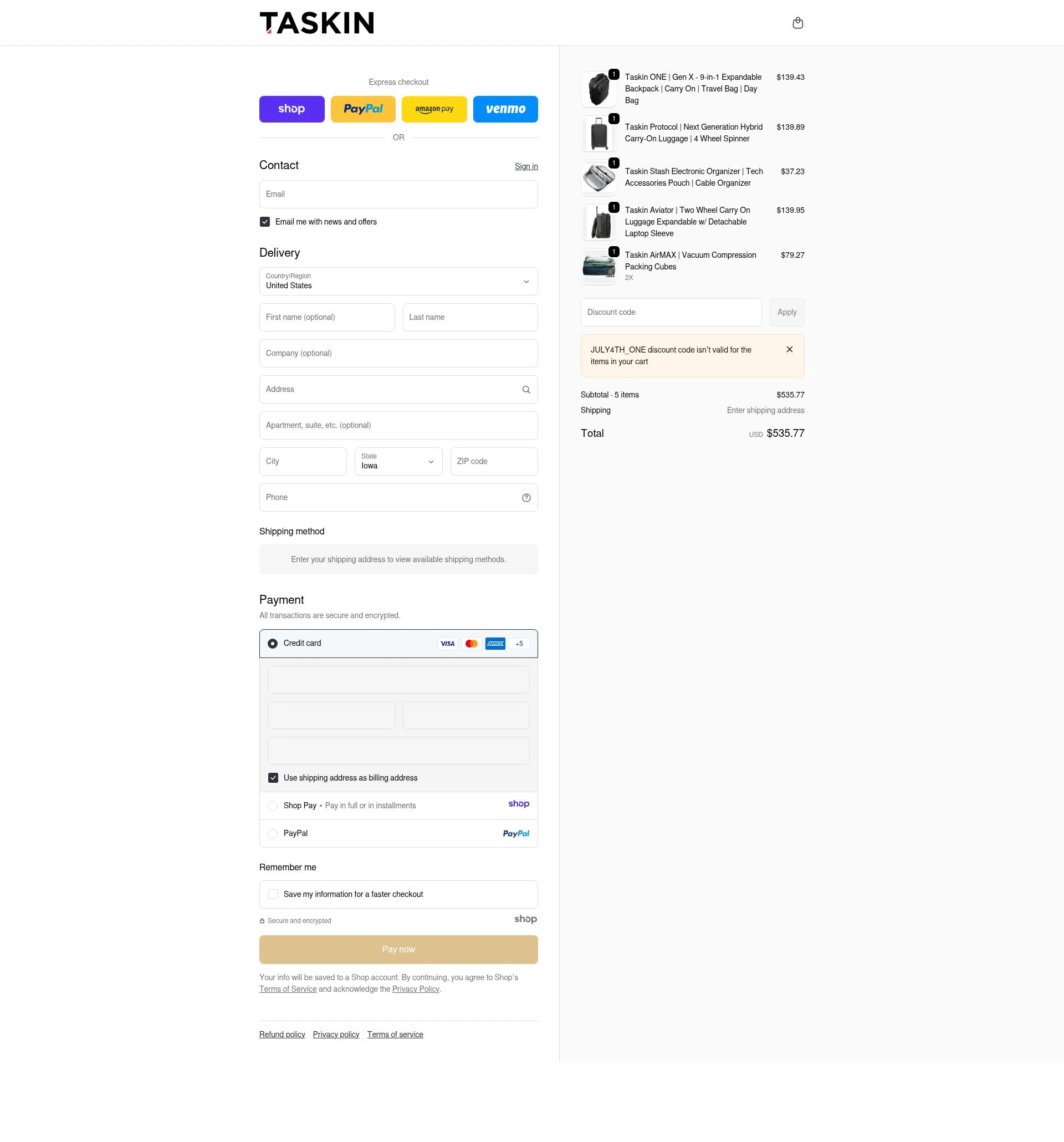 Taskin checkout page showing Taskin promo code box | Screenshot taken by SimplyCodes community member on Jan 8, 2026