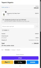 Taspen's Organics coupon verification screenshot